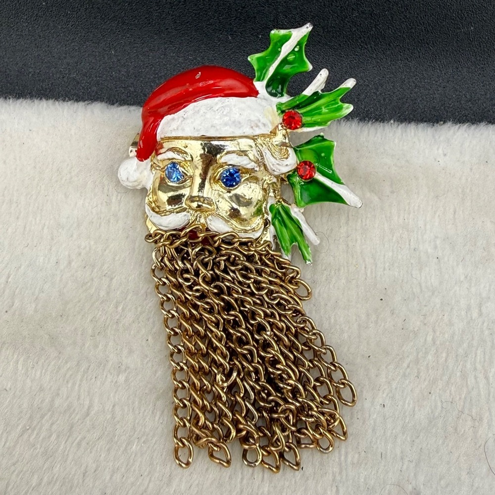 Vintage Santa Clause Brooch Gold Tone Enamel Chain Tassle Beard